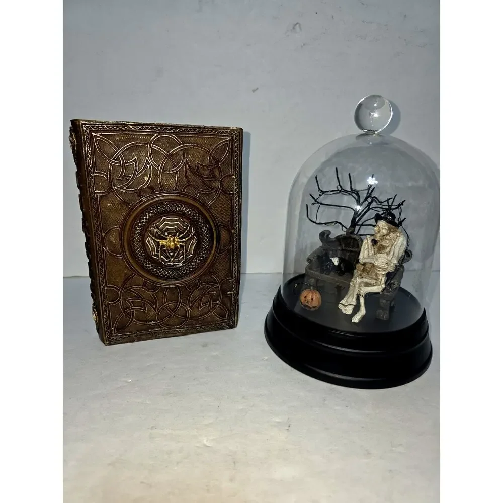Lot Of 2 Halloween Tabletop Haunted Book And Skeleton Bride and Groom